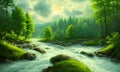 reen forest, the sun behind the clouds, a flowing river, Generative AI, Generative, AI