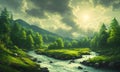 reen forest, the sun behind the clouds, a flowing river, Generative AI, Generative, AI
