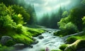 reen forest, the sun behind the clouds, a flowing river, Generative AI, Generative, AI
