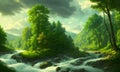 reen forest, the sun behind the clouds, a flowing river, Generative AI, Generative, AI
