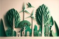 reen leaf image in the paper art style with trees, city building silhouettes. Generative AI