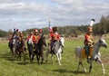 Reenactment of the Borodino battle between Russian and French armies in 1812.