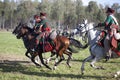 Reenactment of the Borodino battle between Russian and French armies in 1812.