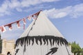 Reenactment, medieval tent of different colors with coats of arm Royalty Free Stock Photo