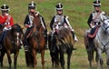 Reenactors dressed like Russian army soldiers at Borodino battle historical reenactment in Russia Royalty Free Stock Photo