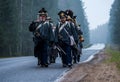 Reenactors marching to the Brill battlefield for the reconstruction of the 1812 battle of the Berezina river , Belarus. Royalty Free Stock Photo