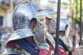 Reenactors wearing a galea, ancient roman helmet
