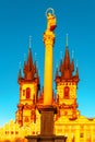 Reerected Marian column and Church of Our Lady before Tyn on Old Town Square in Prague, Czech Republic, on blue sky