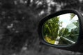 Refelection of convertible in the back of a car wingmirror car motorsport with black and white greyscale contrast