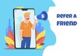 Refer a friend. Character with megaphone sharing refer from smartphone, announcement concept. Vector business poster