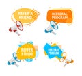 Refer a Friend Concept Label with Abstract Memphis Style Elements Set. Vector