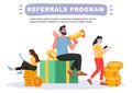 Refer a friend concept. Man with a megaphone invites his friends to referral program. Royalty Free Stock Photo