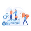 People shout on megaphone with Refer a friend and get rewarded,