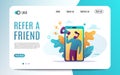 Refer a friend concept, people shout on megaphone with refer a friend word. Vector illustration