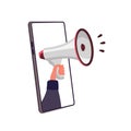 Refer a friend concept, phone with hand holding megaphone, symbol mobile marketing, advertising with social media Royalty Free Stock Photo