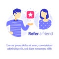 Refer a friend concept, referral program, two people talking, recommend application