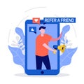 Refer a friend concept with smartphone and megaphone. People share info about referral and earn money. Suitable for web landing Royalty Free Stock Photo