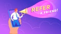 Refer a friend concept vector illustration of happy manager shouting on megaphone to invite new customers from mobile app