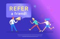 Refer a friend concept vector illustration of happy manager shouting on megaphone to invite new customers or users for his project Royalty Free Stock Photo