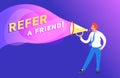 Refer a friend concept vector illustration of happy manager shouting on megaphone to invite new customers or users for his project Royalty Free Stock Photo