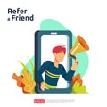 refer a friend illustration concept. affiliate marketing strategy. people character shout megaphone sharing referral business Royalty Free Stock Photo