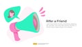 refer a friend illustration concept. affiliate marketing strategy. people character shout megaphone sharing referral business Royalty Free Stock Photo