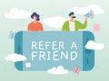 Refer friend, inscription mobile device, referral program business and attracting people, design, cartoon vector