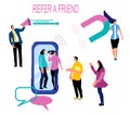 Refer a friend loyalty program, promotion method. Group of people going out of smartphone.