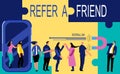 Refer a friend loyalty program, promotion method. Manager attracts buyers with a huge magnet.