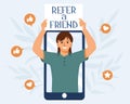Refer a friend marketing concept. The person on the phone invites to the referral program.