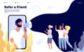 Refer a friend. People shouting on megaphone with refer a friend word, friends recommend landing page vector design