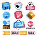 Refer a friend. Referral, friends shopping marketing attention vector badges with megaphone