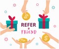 Refer a Friend. Referral marketing concept. Illustration of two people hands and gift box. Vector flat illustration Royalty Free Stock Photo