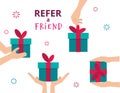 Refer a Friend. Referral marketing concept. Illustration of two people hands and gift box. Vector flat illustration Royalty Free Stock Photo