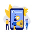 Refer a friend vector illustration concept with characters and social media. Modern flat style for landing page, mobile app,