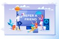 Refer a friend concept. Friend Sharing Referral Code. Vector illustration with character, landing page