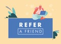 Refer a friend vector illustration Concept, Woman with Computer. Referral marketing loyalty program, promotion Royalty Free Stock Photo