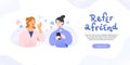 Refer program web banner with illustration of women sharing refferal links getting gifts and bonus from company, loyalty