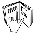 Refer to insert symbol used on cosmetics products. Sign displaying hand pointing to text in open book meaning read instructions.