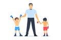 Referee lighting hand of winner standing with loser in boxing ring. Professional Boxing among boys Concept of sports and