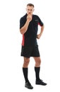 Referee man, portrait and angry whistle blow, soccer foul and warning in match or game isolated on white background Royalty Free Stock Photo