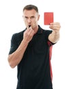 Referee man, red card and whistle portrait with hand warning for soccer rules, penalty or fail in studio. Fitness coach Royalty Free Stock Photo