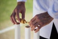 Referee putting bails on cricket stumps