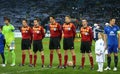 Referees and captains standing in line before UEFA Europa League Round of 16 second leg match between Dynamo and Everton Royalty Free Stock Photo