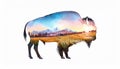 Bison, double-exposure, watercolor Royalty Free Stock Photo