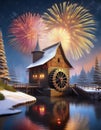 Happy New year village fireworks Royalty Free Stock Photo