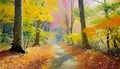 A forest path with colorful fallen leaves while in the autumn season. Royalty Free Stock Photo
