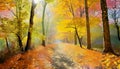A forest path with colorful fallen leaves while in the autumn season. Royalty Free Stock Photo