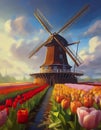 Windmill in bulbfield dutch landscape cartoon Royalty Free Stock Photo