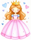 cheerful cartoon princess with long wavy hair, wearing a pink gown and crown, surrounded by colorful hearts. Royalty Free Stock Photo
